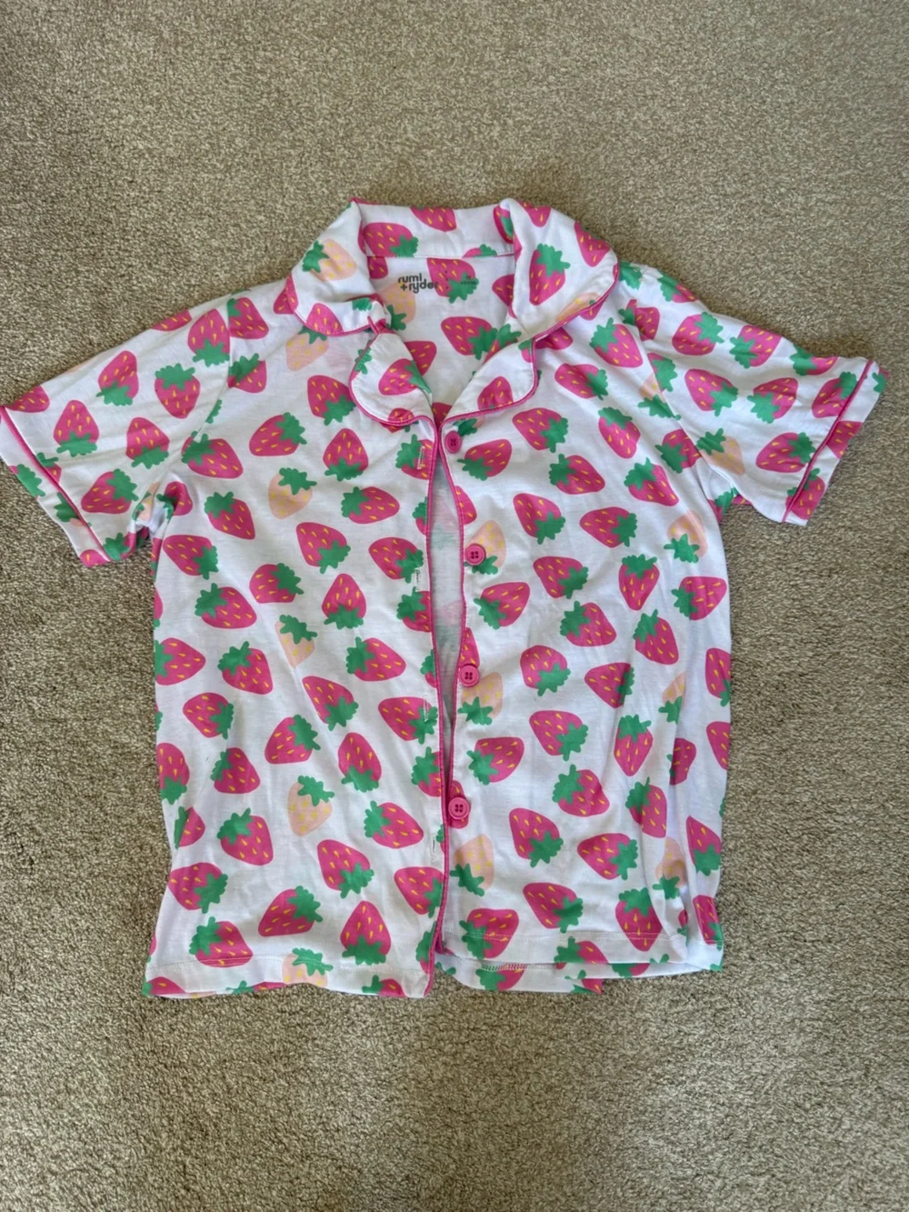 Kids Strawberry Print Short Sleeve Pajama Top - Pink & Green